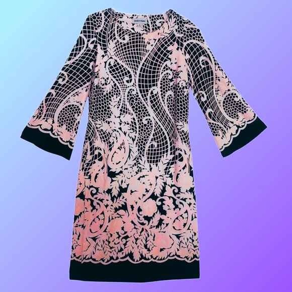SHELBY & PALMER Textured Pink Floral Lace Print Knee Length Navy Dress Sz S NEW - Picture 3 of 6